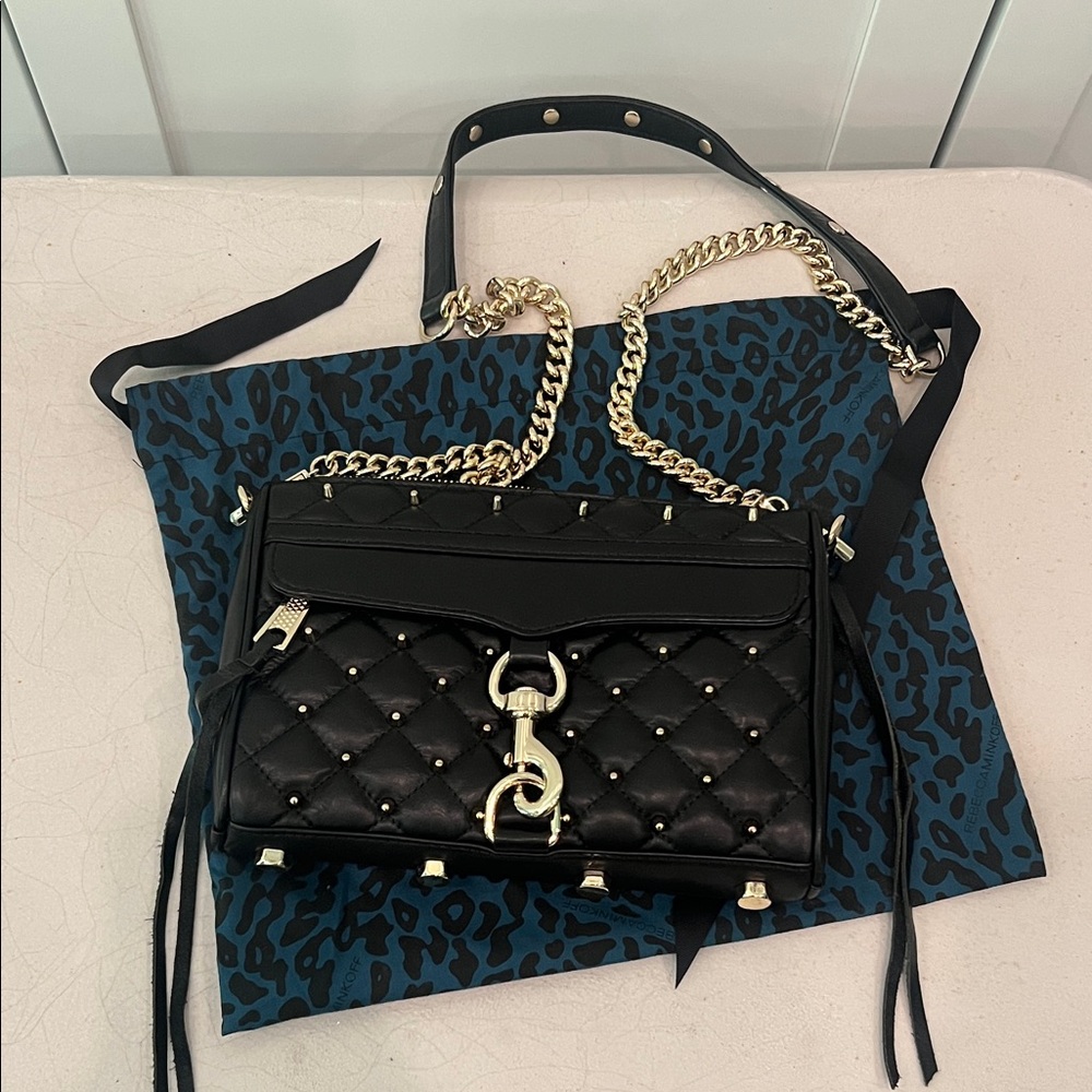 Rebecca Minkoff Black Quilted Crossbody Bag with Gold Chain